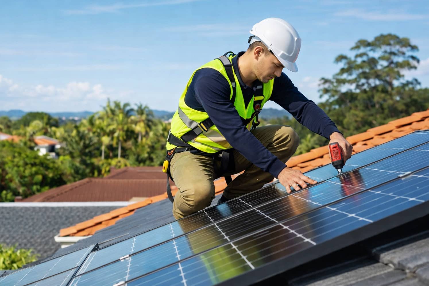 Professional solar installer installing solar panels on residential roof in Fort Lauderdale